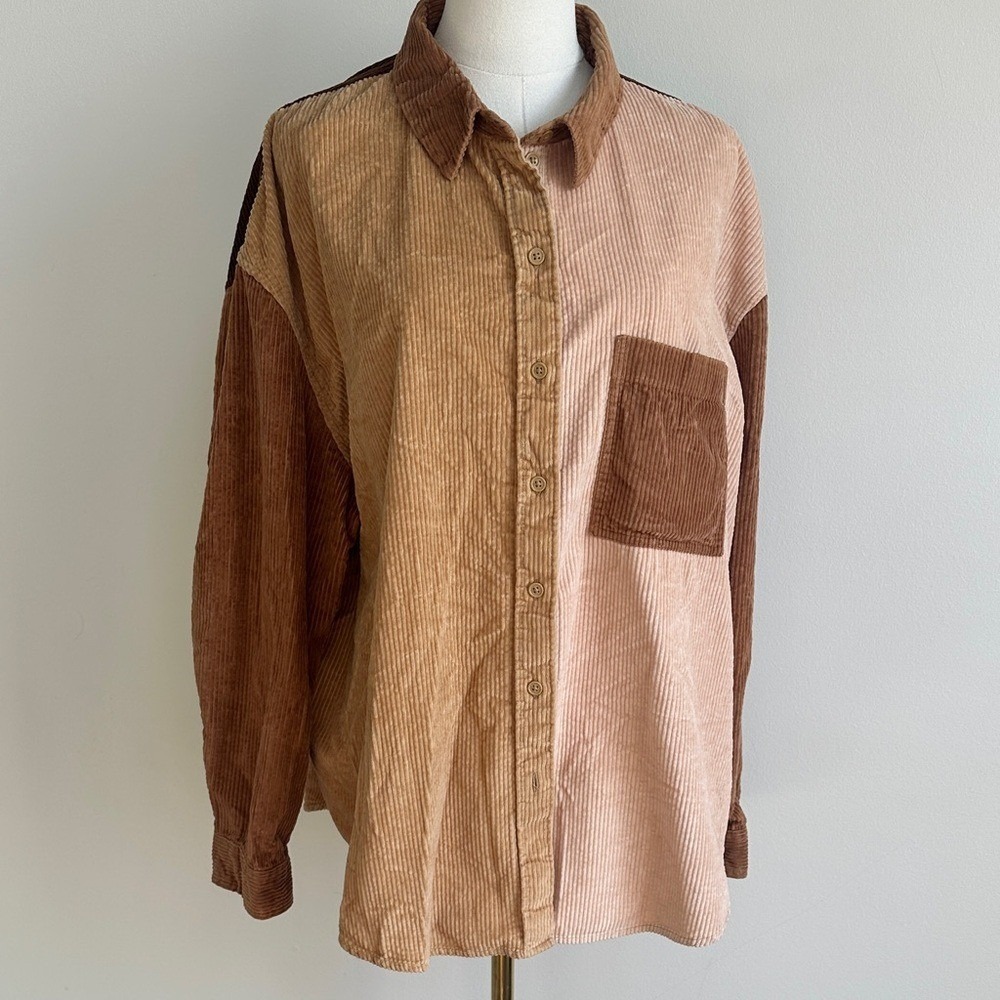 AE Womens Oversized Soft Corduroy Patchwork Boyfriend Button Up Layering Shirt L
